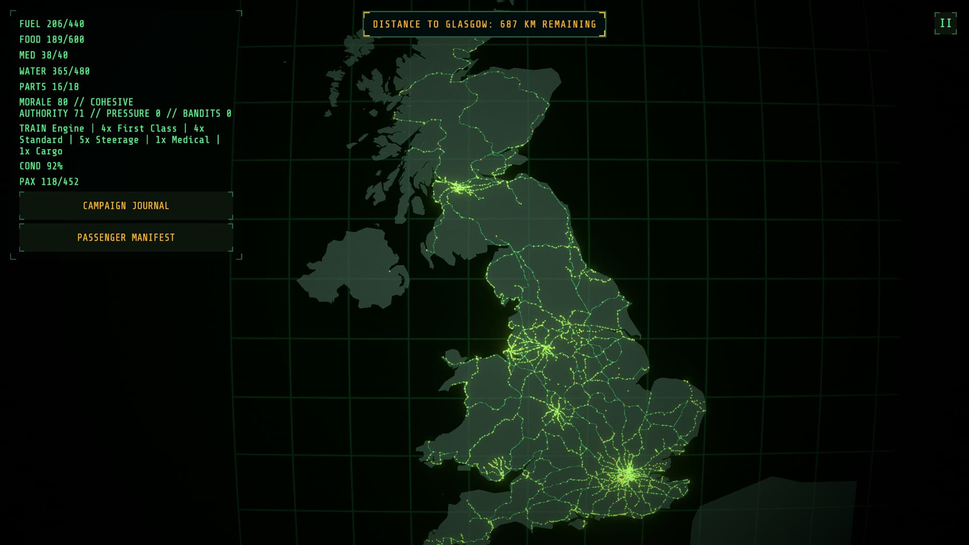 The full UK rail network glowing across a dark map of Great Britain